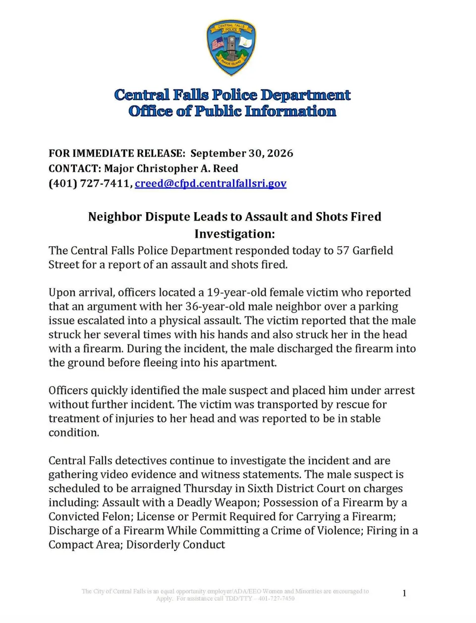 Central Falls Police Make Arrest In Assault And Shots Fired Incident